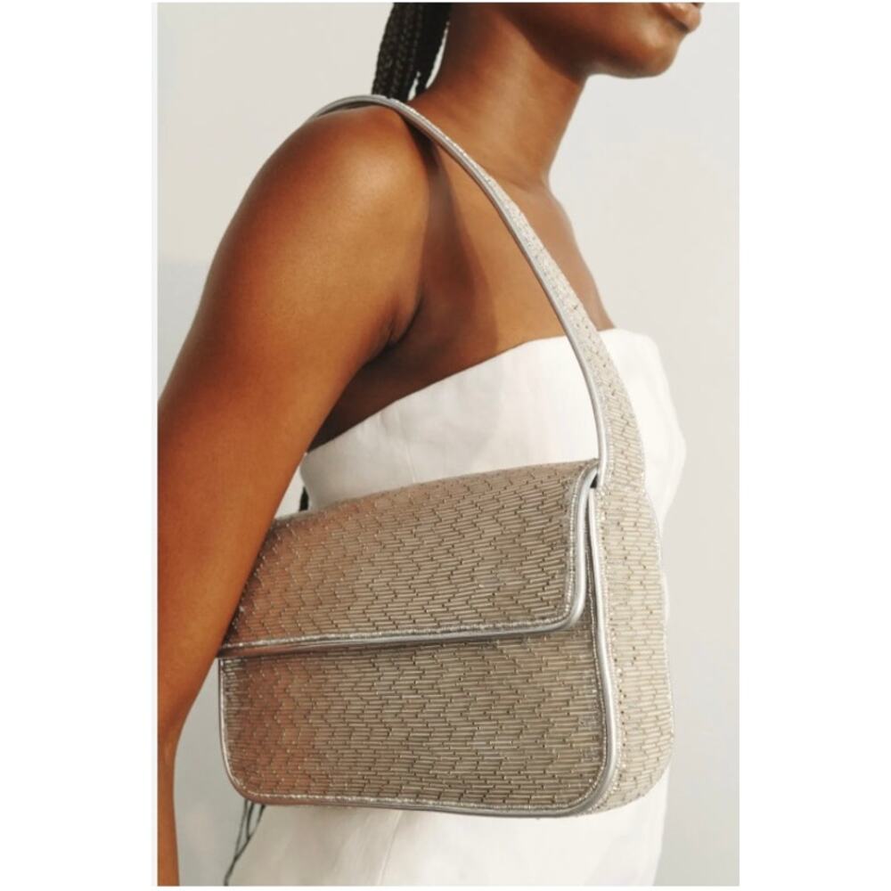 Staud Tommy Silver Beaded Shoulder Bag Metallic Evening Purse - Picture 3 of 16